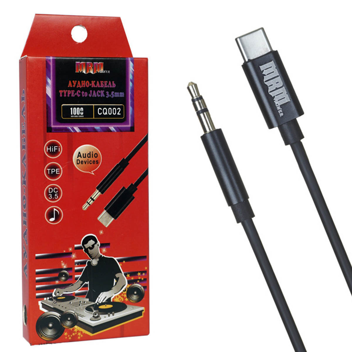 Аудио кабель, переходник MRM CQ002 AUX Jack 3.5 mm на Type-C, длина 1 метр, цвет черный