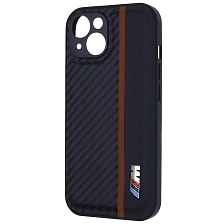Чехол накладка для APPLE iPhone 15, силикон, карбон, экокожа, защита камеры, знак BMW M серии, цвет черный с коричневый полоской