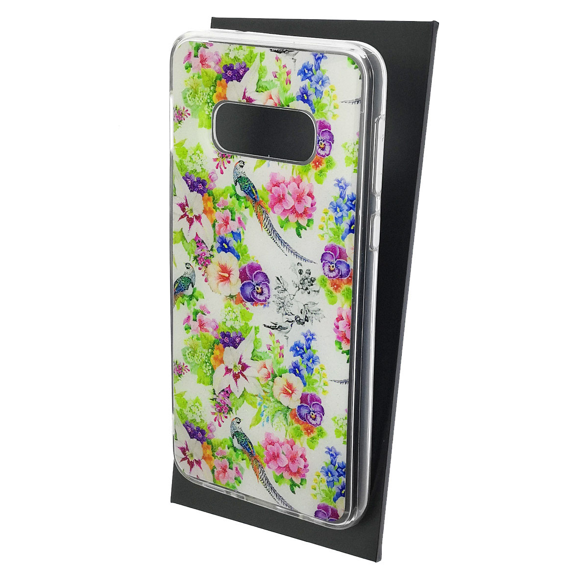 Чехол накладка для SAMSUNG Galaxy S10e (SM-G970), силикон, глянцевый, блестки, рисунок Птицы цветы