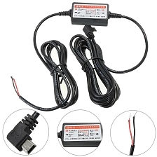 АЗУ (Автомобильное зарядное устройство) адаптер прямого подключения к бортовой сети 12V/24V (5V-1A), с кабелем 3 метра, угловой разъем mini USB для видеорегистратора или GPS навигатора