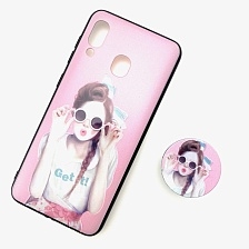 Чехол накладка для SAMSUNG Galaxy A30 (SM-A305), силикон, с поп сокетом, рисунок Девушка в круглых очках.