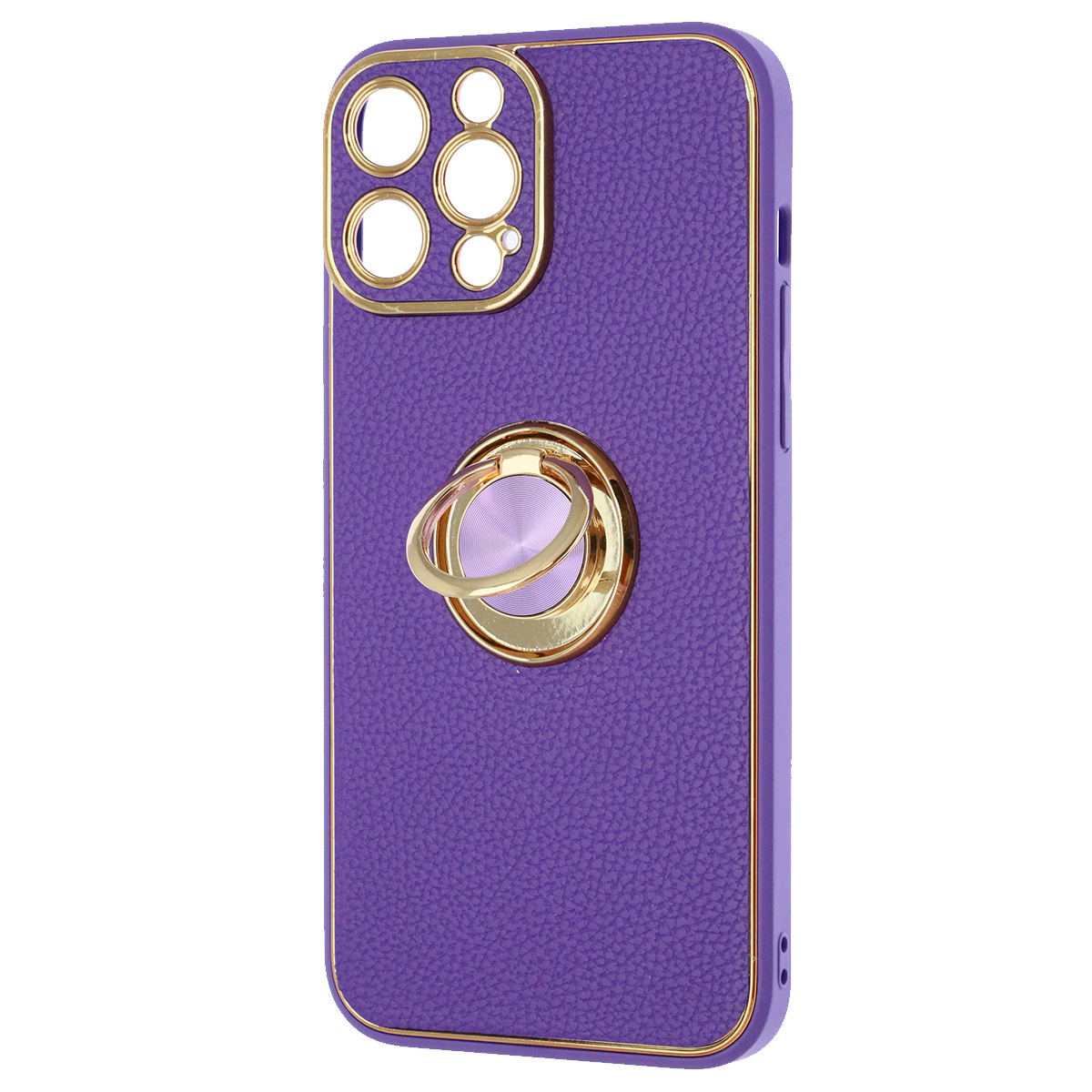 Чехол накладка для APPLE iPhone 13 Pro Max (6.7"), силикон, пластик, экокожа, металл, кольцо держатель, защита камеры, цвет фиолетовый