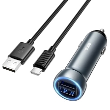 АЗУ (Автомобильное зарядное устройство) HOCO Z54 Prosperous с кабелем Type-C, 15.5W, 2 USB, длина 1 метр, цвет темно серебристый