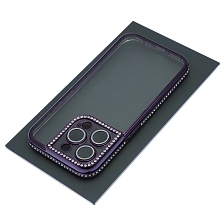 Чехол накладка для APPLE iPhone 15 Pro, силикон, защита камеры, стразы, цвет окантовки фиолетовый