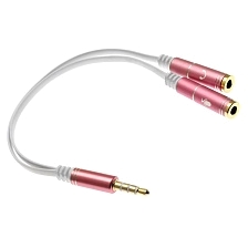 Разветвитель AUX AX02 на наушники 3,5 Jack и микрофон 3,5 Jack, резиновый с металлическими разъёмами, цвет белый / розовый.