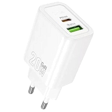 СЗУ (Сетевое зарядное устройство) HOCO N61, 20W, 1 USB Type C, 1 USB, QC3.0, цвет белый