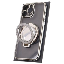 Чехол накладка для APPLE iPhone 16 Pro Max, силикон, защита камеры, кольцо держатель, прозрачный, цвет окантовки серебристый