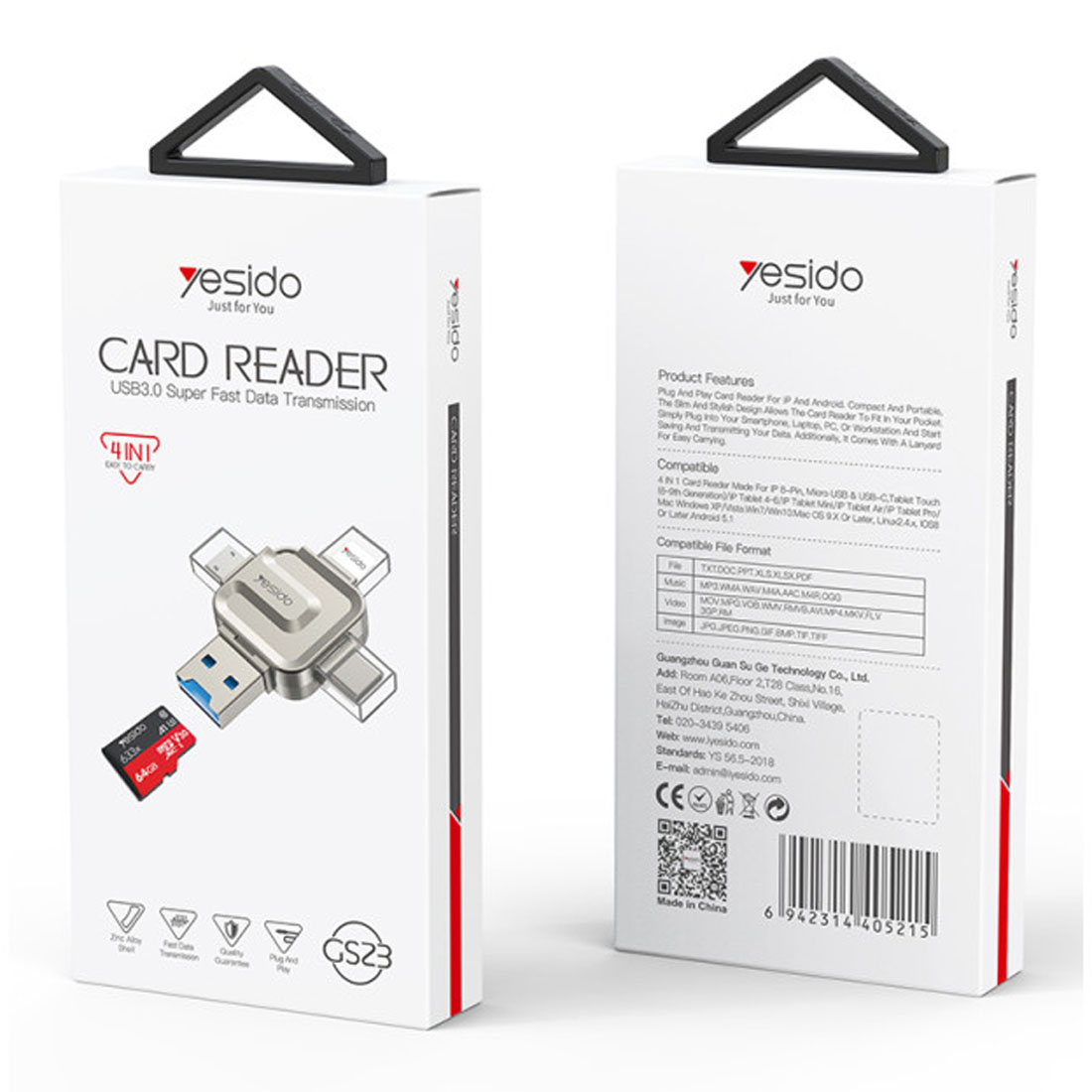 Адаптер, OTG переходник, картридер MicroSD, YESIDO GS23 4 in 1, цвет серебристый