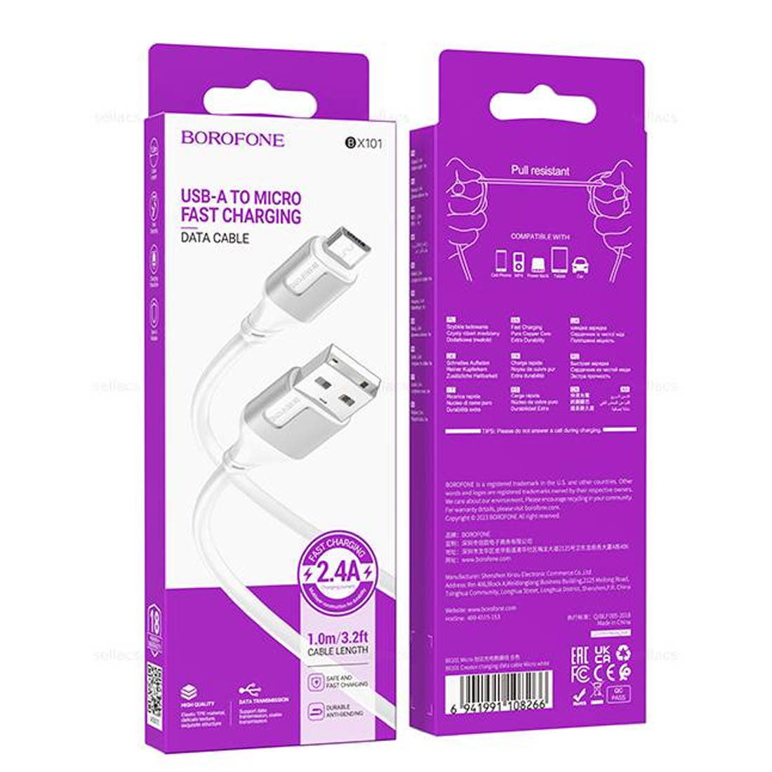 Кабель BOROFONE BX101 Creator Micro USB, 2.4A, длина 1 метр, цвет белый