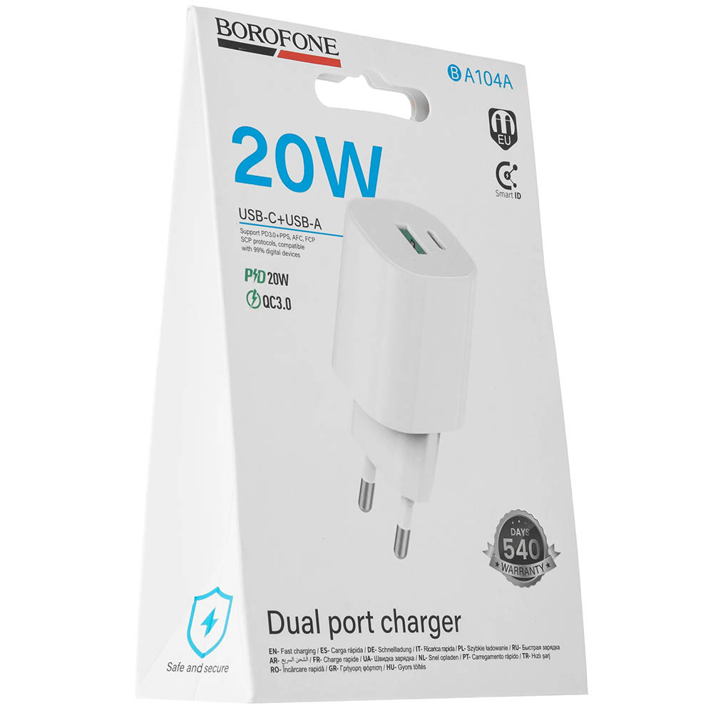 СЗУ (Сетевое зарядное устройство) BOROFONE BA104A, 20W, 1 USB A 18W, 1 USB Type C 20W, PD20W, QC3.0, цвет белый