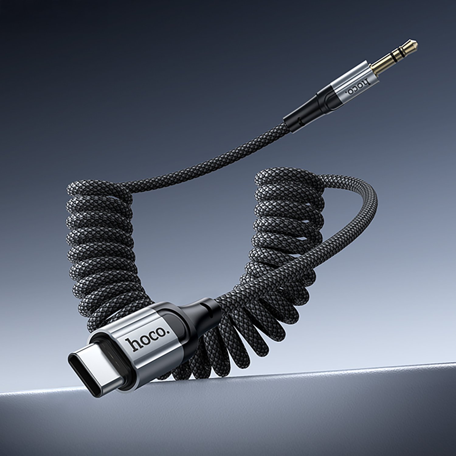 Аудио кабель, переходник HOCO UPA33B AUX (Jack 3.5 мм) на USB-C Type-C, растягивается до 1.5 метра, цвет черный