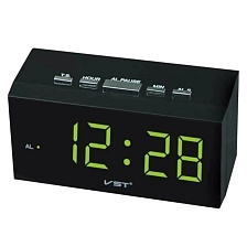 Электронные часы VST-772, будильник, зеленый циферблат, цвет черный