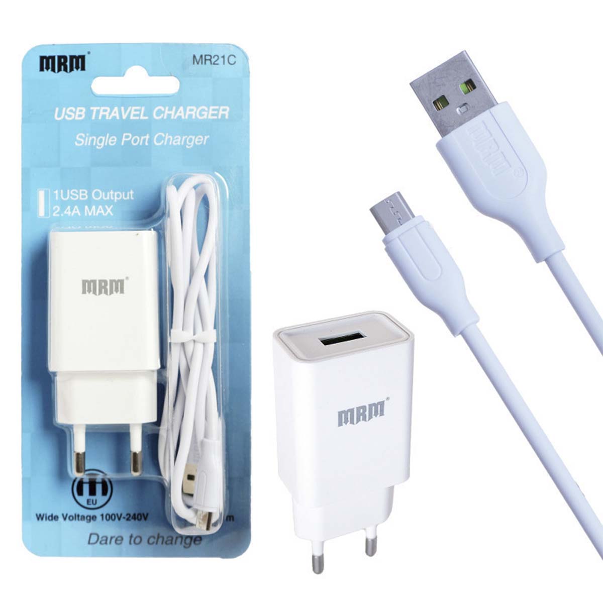 СЗУ (Сетевое зарядное устройство) MRM MR21m с кабелем Micro USB, 2.1A, 1 USB, длина 1 метр, цвет белый