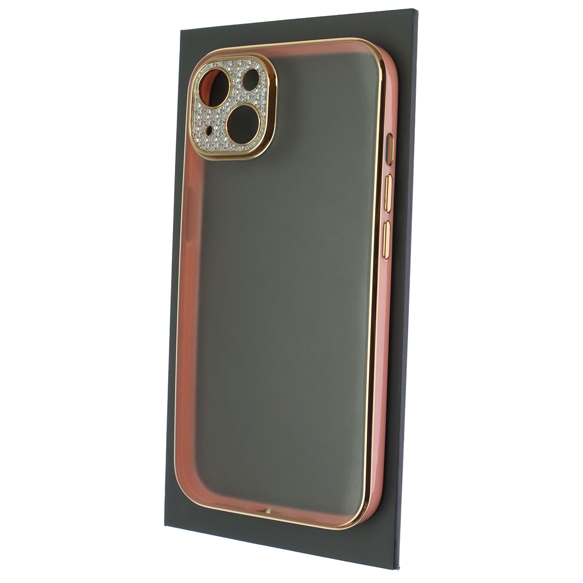 Чехол накладка для APPLE iPhone 13 (6.1), силикон, пластик, стразы, защита камеры, цвет окантовки золотисто розовый