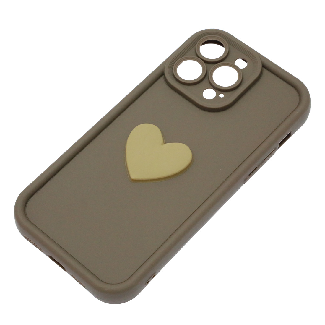 Чехол накладка для APPLE iPhone 14 Pro Max, силикон, 3D сердце, защита камеры, бортики, цвет коричневый