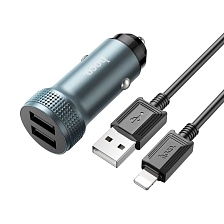 АЗУ (Автомобильное зарядное устройство) HOCO Z49 Level с кабелем Lightning 8 pin, 12W, 2 USB, длина 1 метр, цвет серебристый