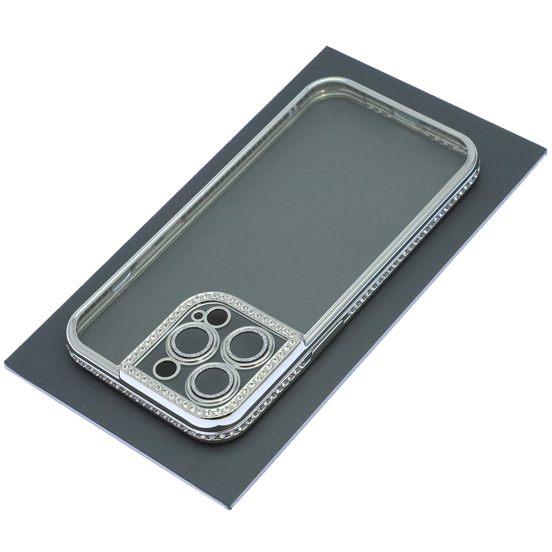 Чехол накладка для APPLE iPhone 13 Pro, силикон, защита камеры, стразы, цвет окантовки серебристый