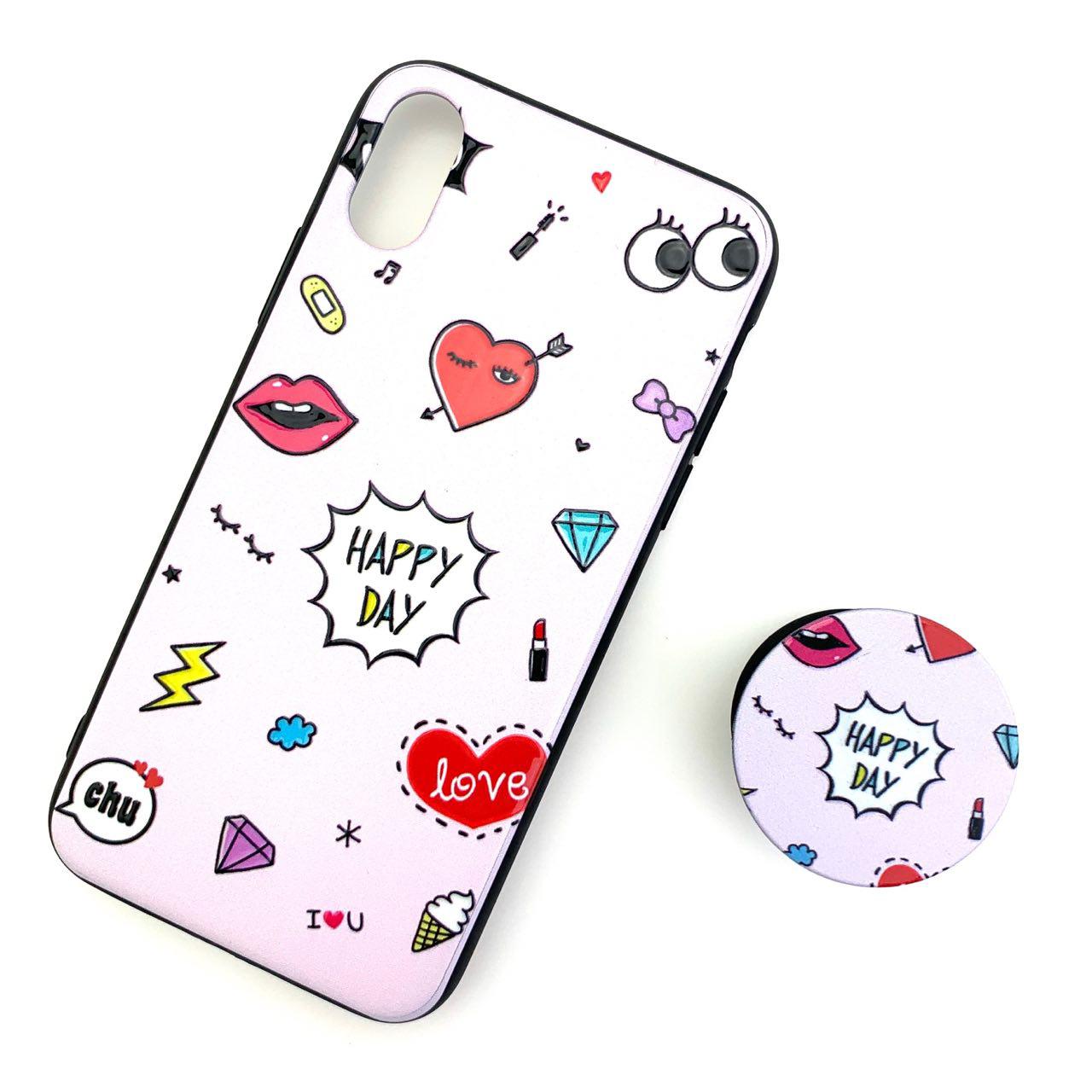 Чехол накладка для APPLE iPhone X, XS, силикон, с поп сокетом, рисунок Happy Day.
