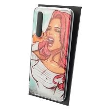 Чехол накладка для XIAOMI Mi 9 SE, силикон, глянцевый, блестки, рисунок Девушка с чупа чупсом