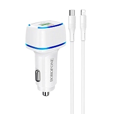 АЗУ (Автомобильное зарядное устройство) BOROFONE BZ14A Mercury c кабелем USB Type C на Lightning 8 pin, 20W, 1 USB, 1 USB Type C, длина 1 метр, цвет белый