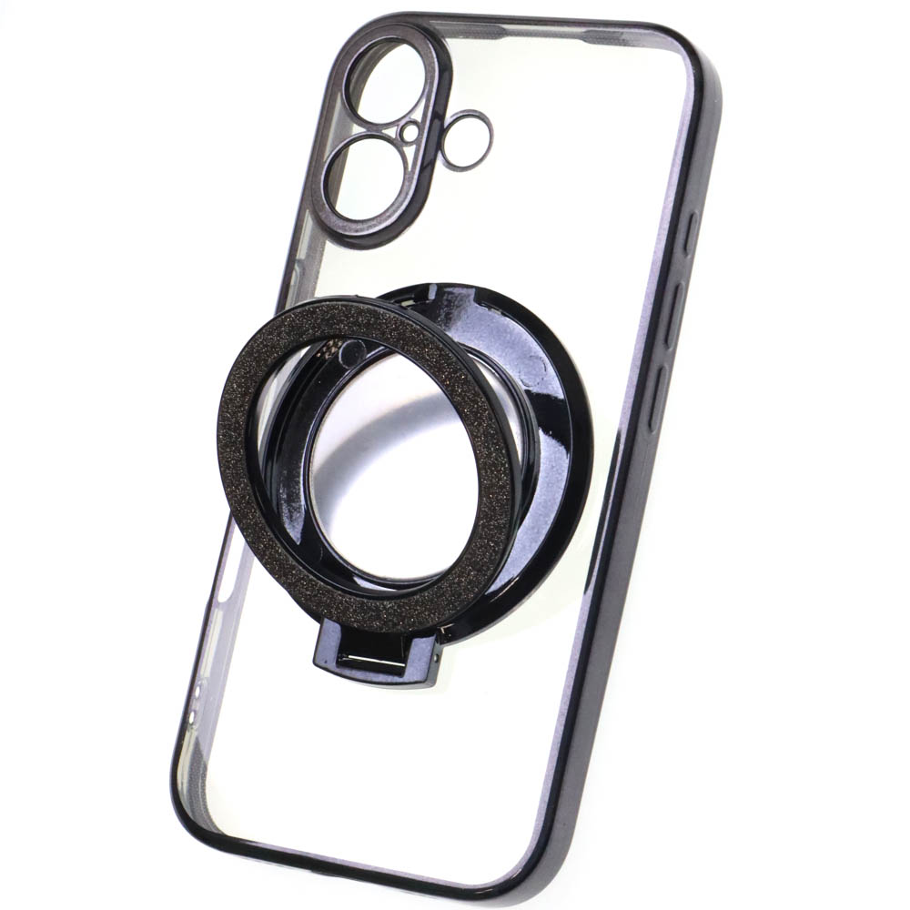 Чехол накладка для APPLE iPhone 16, силикон, защита камеры, кольцо держатель, прозрачный, цвет окантовки черный