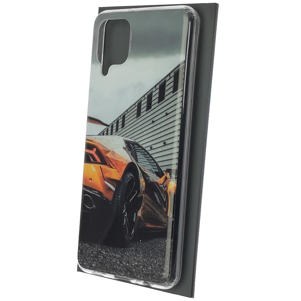 Чехол накладка Vinil для SAMSUNG Galaxy A12 (SM-A125), силикон, глянцевый, рисунок оранжевый Ламборджини