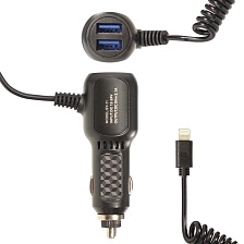 АЗУ (Автомобильное зарядное устройство) SY-11 с витым кабелем Lightning 8 pin 12-24, 5V-2A, 2 входа USB, цвет черный