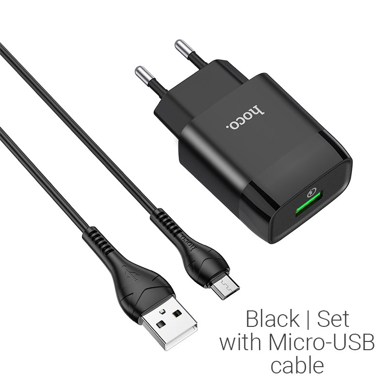 СЗУ (Сетевое зарядное устройство) HOCO C72Q Glorious,18W, 3A, 1xUSB, с кабелем micro USB, цвет черный