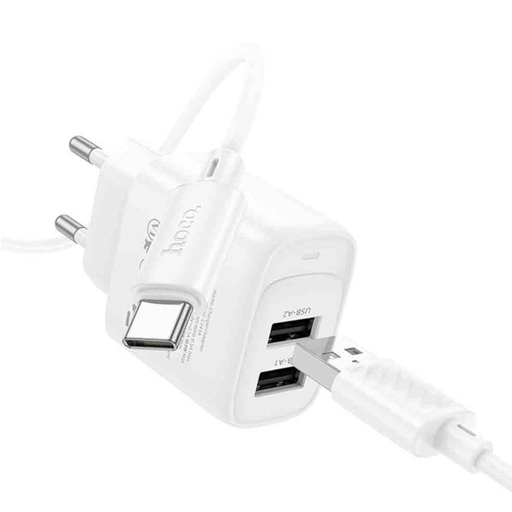 СЗУ (Сетевое зарядное устройство) HOCO C141A с кабелем USB Type C, 10.5W, 2.1A, 2 USB, длина 1 метр, цвет белый