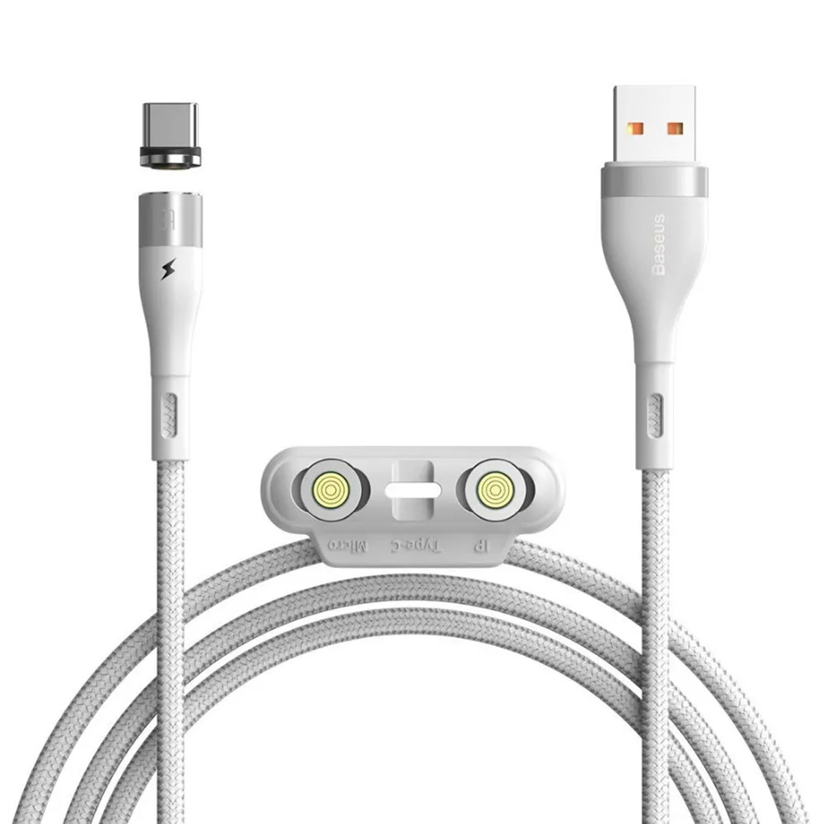 Магнитный кабель 3 в 1 BASEUS Zinc Magnetic USB на Micro USB, USB Type C, APPLE Lightning 8 pin, 3A, длина 1 метр, цвет белый