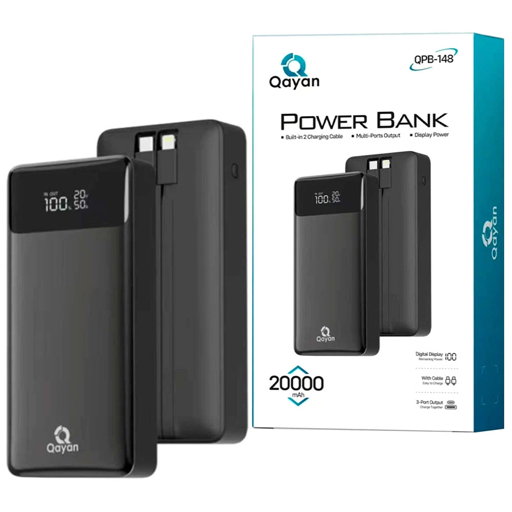 Внешний портативный аккумулятор, Power Bank QAYAN QPB-149 со встроенными кабелями USB Type C, Lightning 8 pin, 20000 mAh, 22.5W, LED дисплей, цвет черный