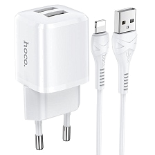 СЗУ (Сетевое зарядное устройство) HOCO N8 Briar с кабелем Lightning 8 pin, 2.4A, 2 USB, длина 1 метр, цвет белый