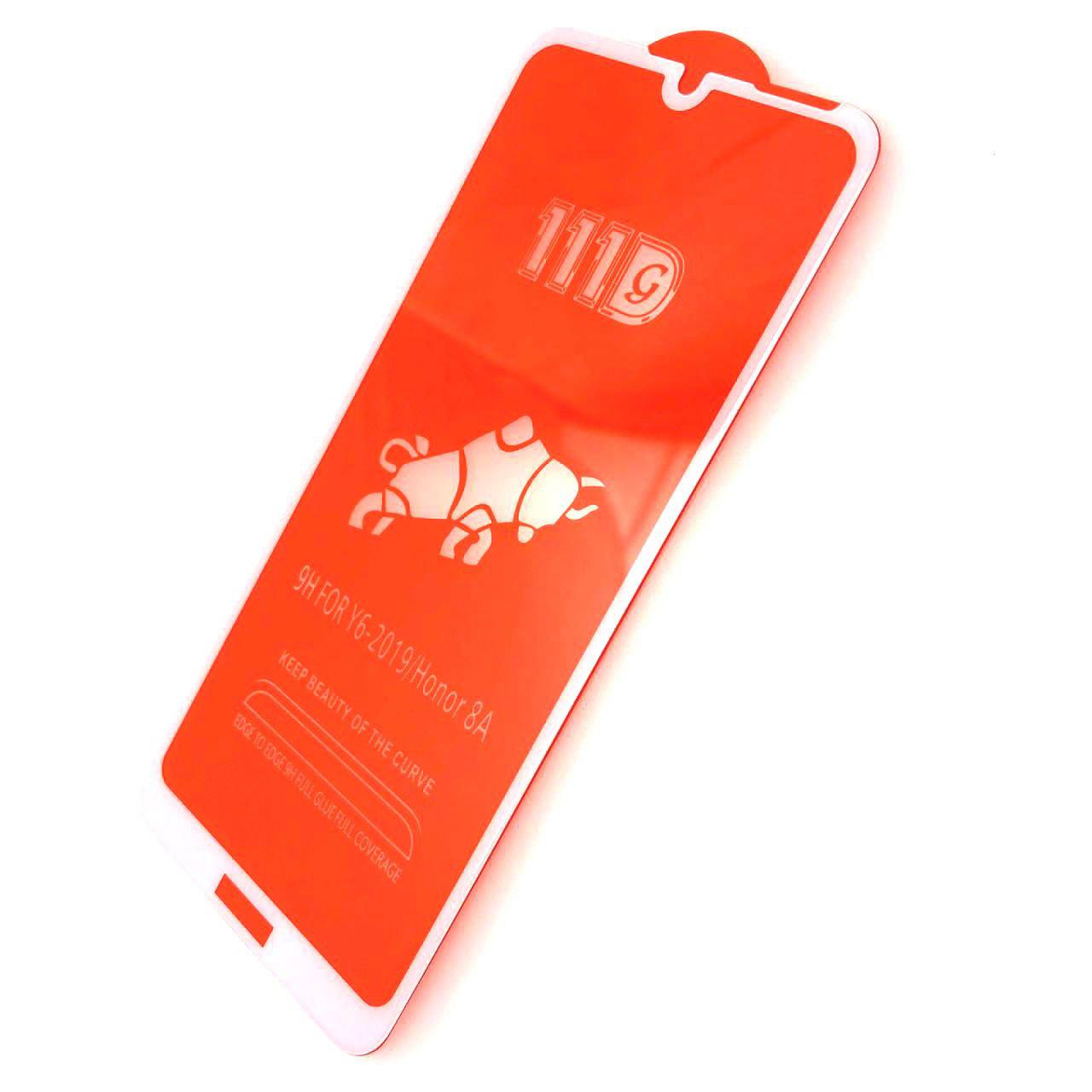 Защитное стекло 111D FULL GLUE для HUAWEI Honor Y6 2019 (MRD-LX1F), 8A (JAT-LX1), цвет окантовки белый