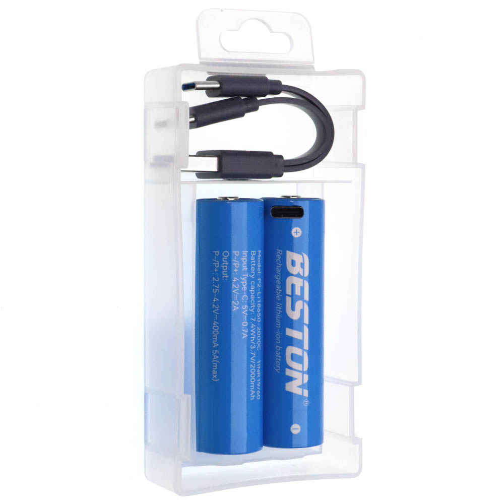 АКБ (Аккумулятор) BESTON 18650 BL2, 3.7V, 2000mah, кабель USB на 2 Type-C (Продажа комплектом)