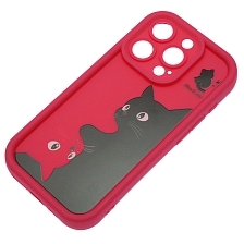 Чехол накладка для APPLE iPhone 15 Pro, силикон, защита камеры, бортики, рисунок черный и розовый кот