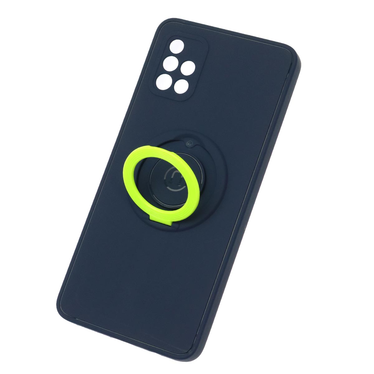 Чехол накладка для SAMSUNG Galaxy A51 4G (SM-A515), силикон, с салатовым кольцом держателем, цвет темно синий