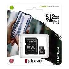 Карта памяти MicroSDXC 512GB KINGSTON CANVAS Select Plus Class A1 UHS-I U3, 100MB/s, с адаптером