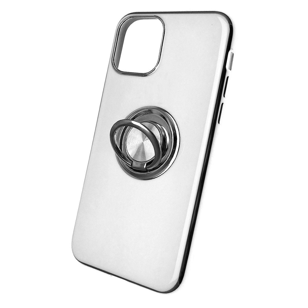 Чехол накладка для APPLE iPhone 11 Pro, силикон, глянец, с лого, металлическое кольцо, цвет белый.