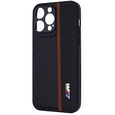 Чехол накладка для APPLE iPhone 14 Pro Max, силикон, карбон, экокожа, защита камеры, знак BMW M серии, цвет черный с коричневой полоской