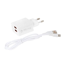 СЗУ (Сетевое зарядное устройство) DENMEN DC02L, 2.1A, 2 USB, кабель Lightning 8 pin, цвет белый