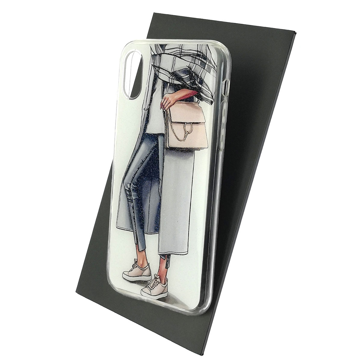 Чехол накладка для APPLE iPhone X, iPhone XS, силикон, глянцевый, рисунок Девушка с сумкой и в плаще