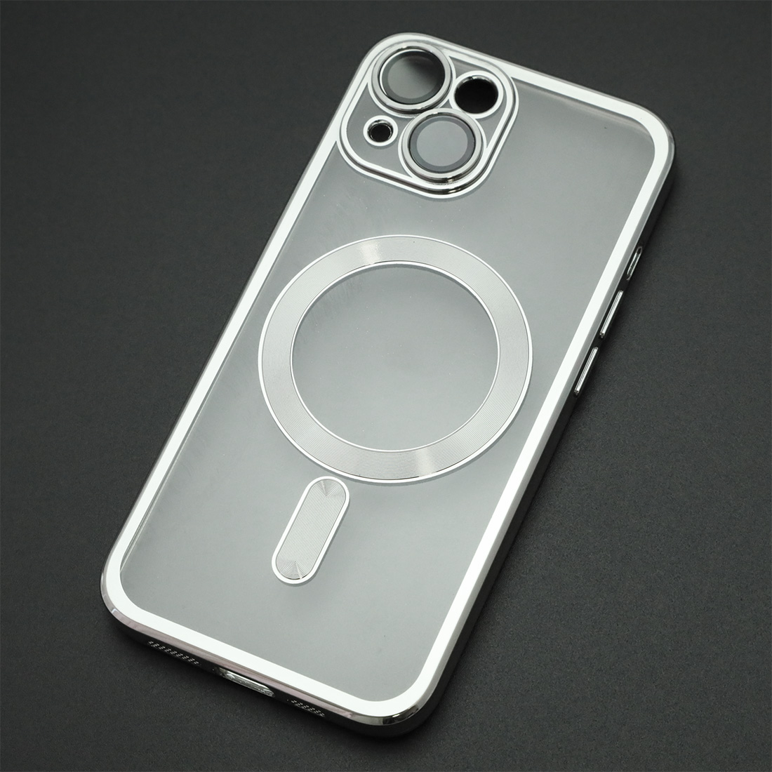 Чехол накладка FASHION CASE для APPLE iPhone 15, с поддержкой MagSafe, силикон, защита камеры, прозрачный, цвет окантовки серебристый