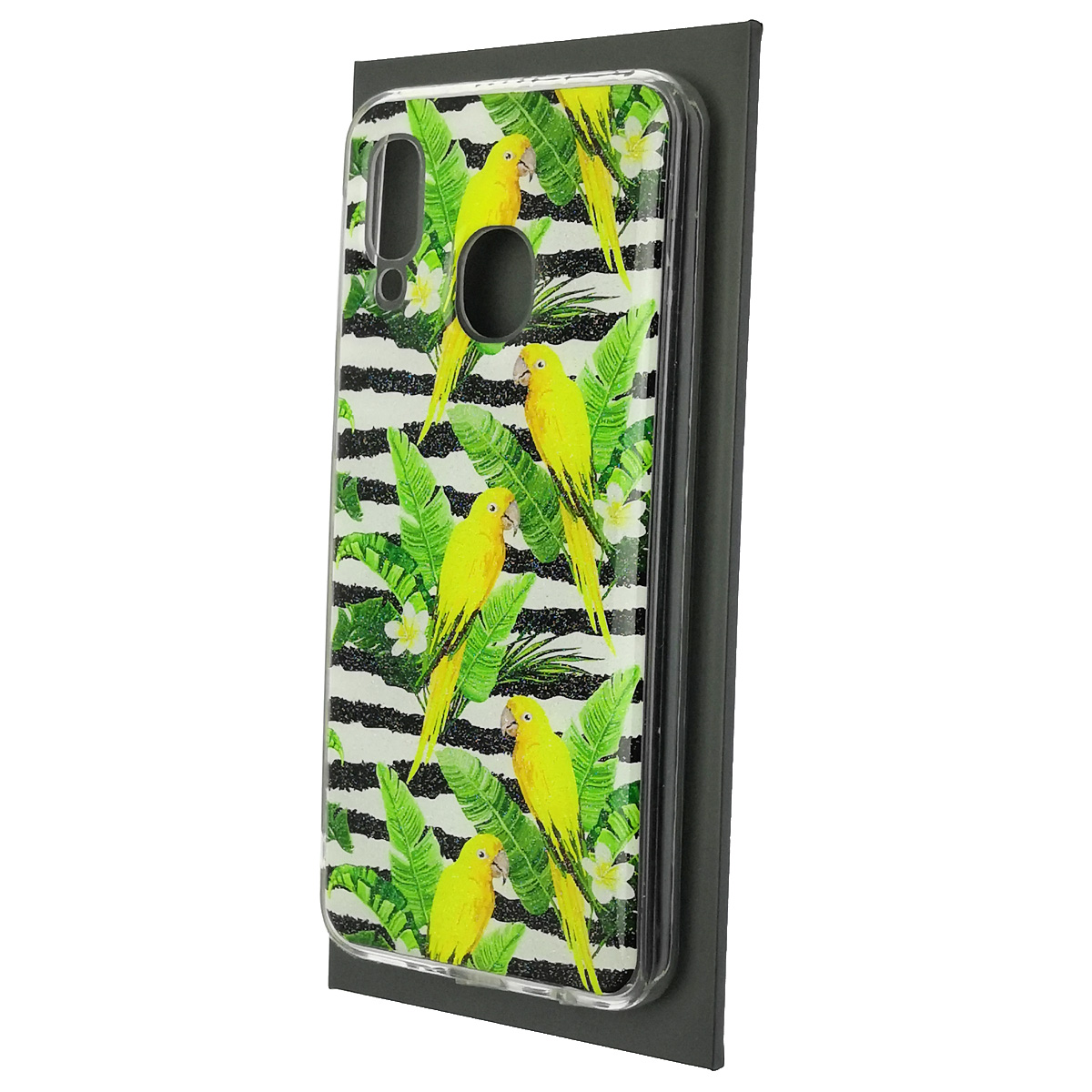 Чехол накладка для SAMSUNG Galaxy A40 (SM-A405), силикон, глянцевый, блестки, рисунок Попугаи и листья
