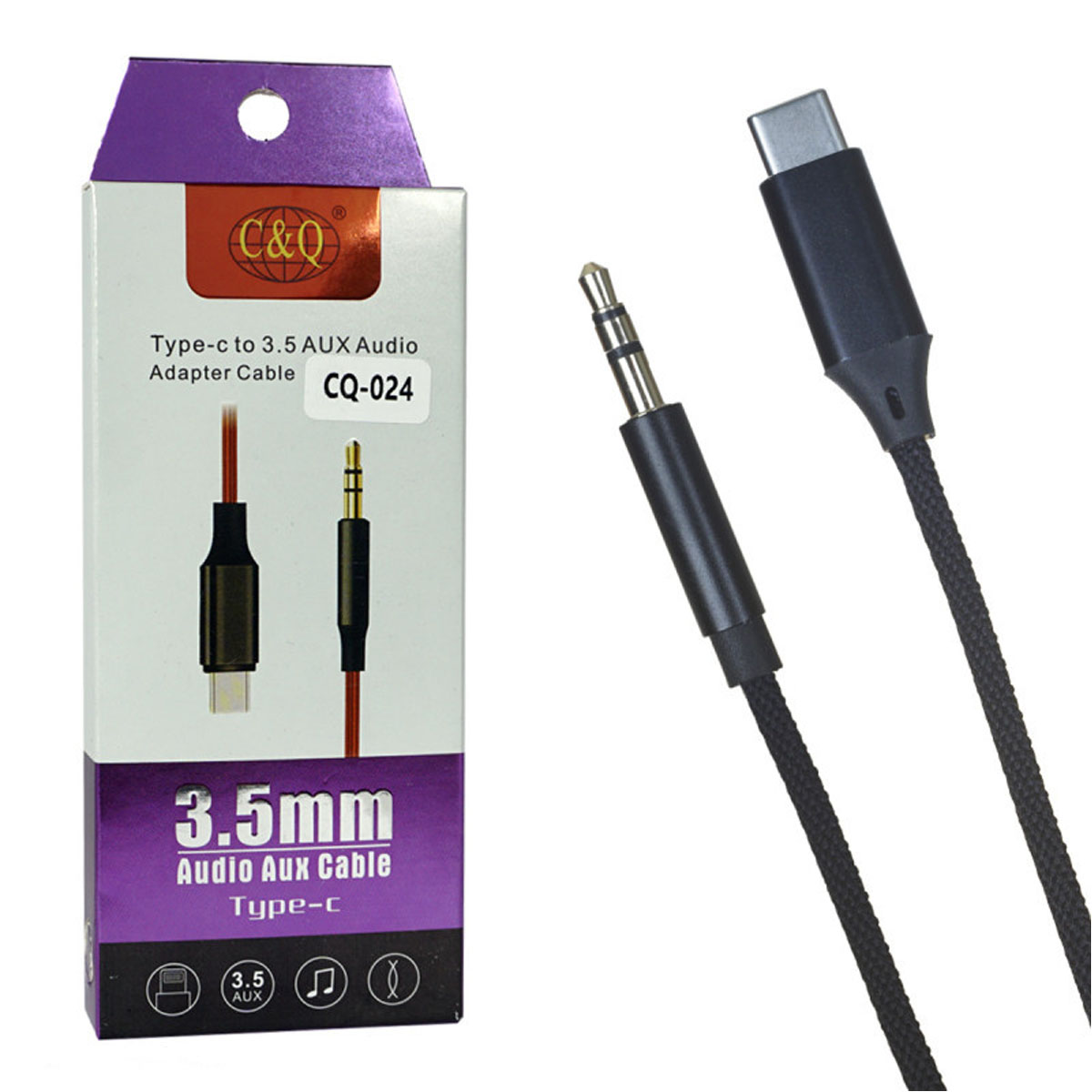 Аудио кабель, переходник CQ024 AUX Jack 3.5 mm на USB Type C, длина 1 метр, цвет черный