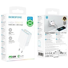 СЗУ (Сетевое зарядное устройство) BOROFONE BA90A Destello, 45W, 2 USB Type C, PD45W, цвет белый