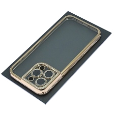 Чехол накладка для APPLE iPhone 15 Pro Max, силикон, защита камеры, стразы, цвет окантовки золотистый