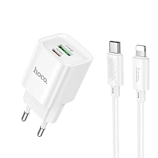 СЗУ (Сетевое зарядное устройство) с кабелем Type-C на Lightning 8-pin HOCO C147A, 1 USB 18W, 1 USB Type C 20W, PD20W, QC3.0, длина кабеля 1 метр, цвет белый
