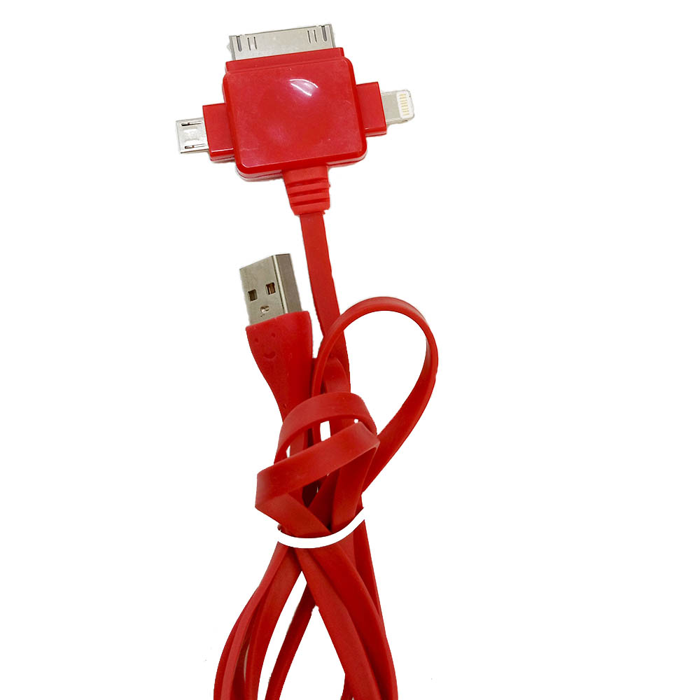 Кабель зарядный 3 в 1, плоский кабель, micro USB, Lightning 8 pin, 30 pin, дина 1 метр, цвет красный