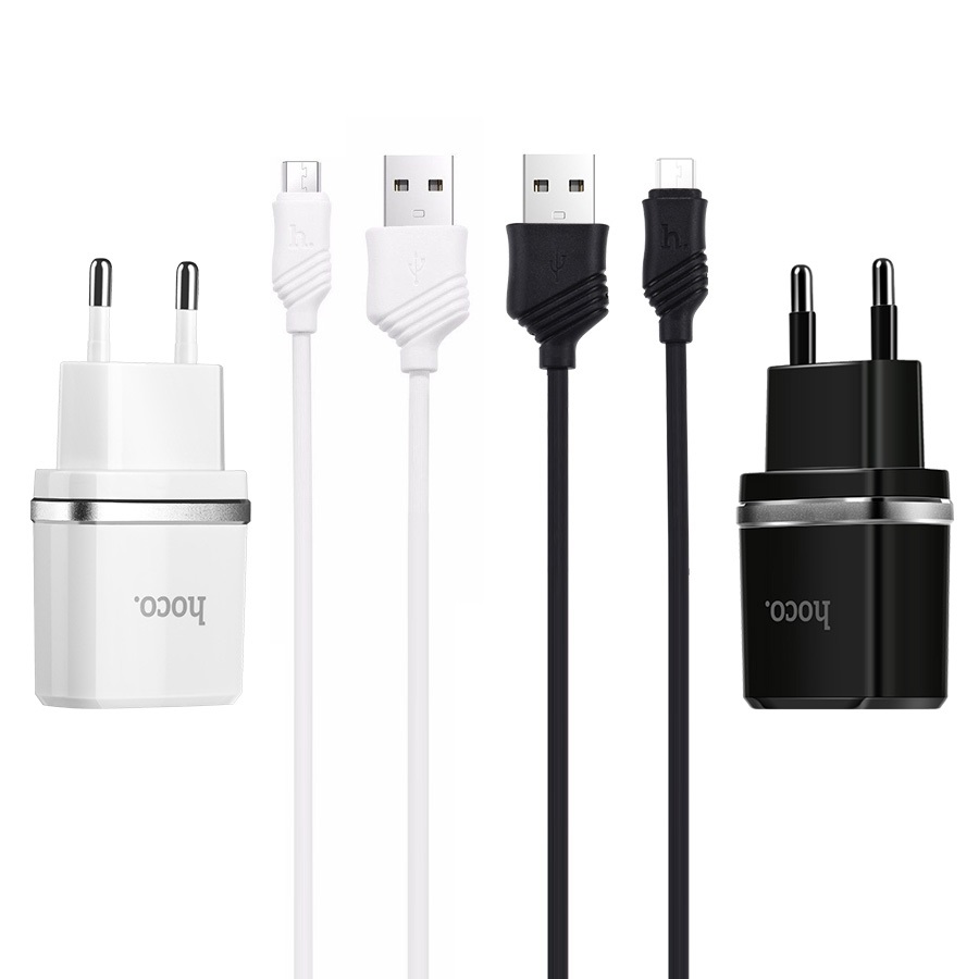 HOCO C12 Smart Dual USB Charger Set (EU) сетевое зарядное устройство 2*USB 2,4A, кабель Micro USB, цвет черный.