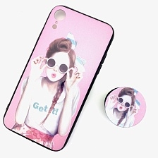 Чехол накладка для APPLE iPhone XR, силикон с поп сокетом, рисунок Девушка в круглых очках.
